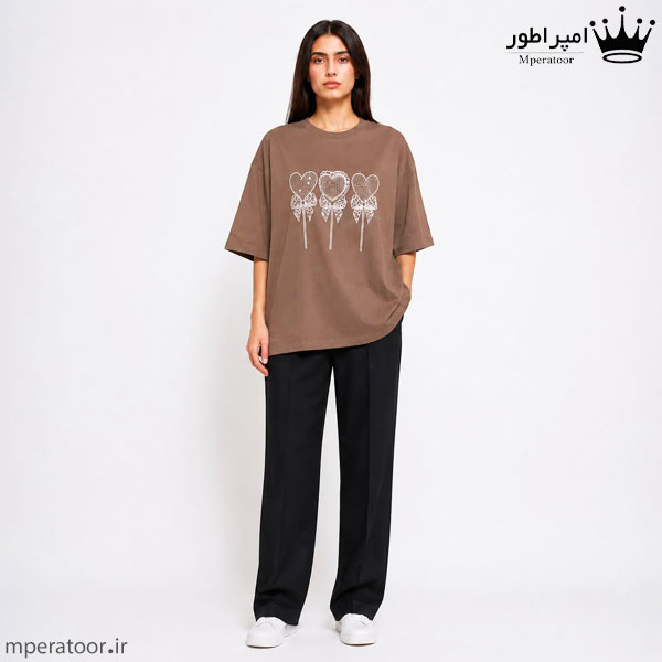 لانگ زنانه پارچه پنبه سوپر چاپ زول نگین رزین طرح قلب قهو هایی