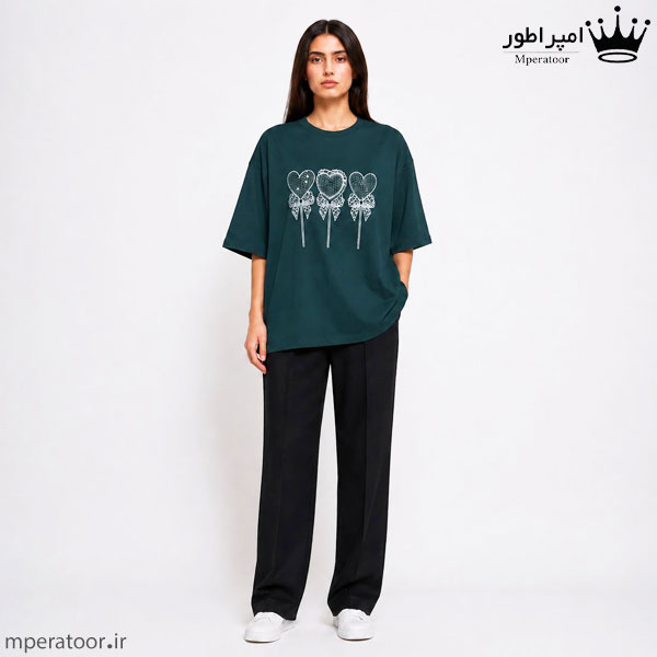 لانگ زنانه پارچه پنبه سوپر چاپ زول نگین رزین طرح قلب سبز یشمی تیره