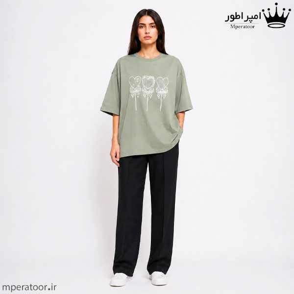 لانگ زنانه پارچه پنبه سوپر چاپ زول نگین رزین طرح قلب سبز زیتونی روشن