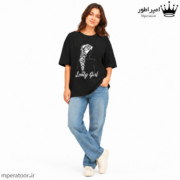 تیشرت لانگ زنانه طرح lovely girl فری سایز تا 48 رنگ مشکی