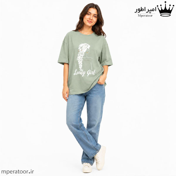 تیشرت لانگ زنانه طرح lovely girl فری سایز تا 48 رنگ سبز زیتونی روشن
