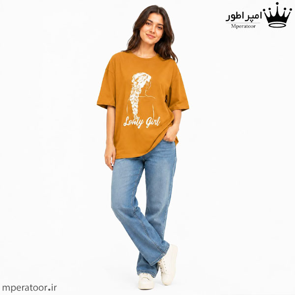 تیشرت لانگ زنانه طرح lovely girl فری سایز تا 48 رنگ خردلی