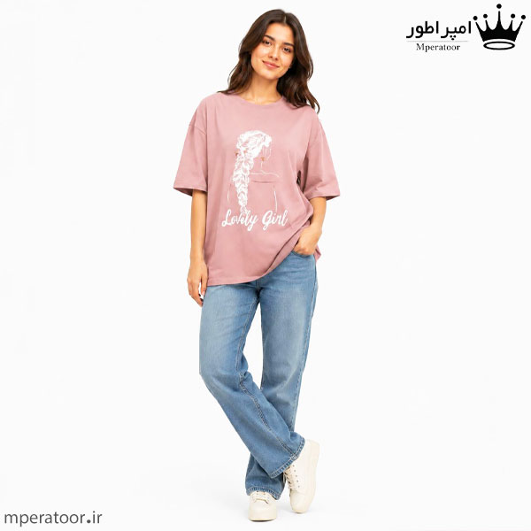 تیشرت لانگ زنانه طرح lovely girl فری سایز تا 48 رنگ صورتی چرک