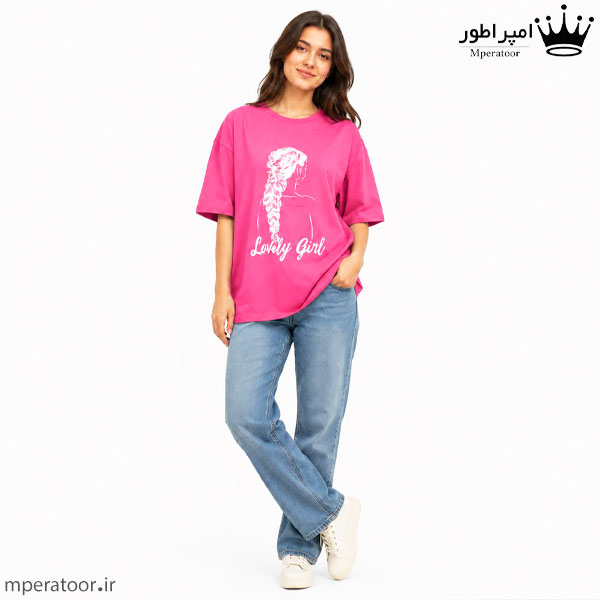 تیشرت لانگ زنانه طرح lovely girl فری سایز تا 48 رنگ صورتی پاستیلی