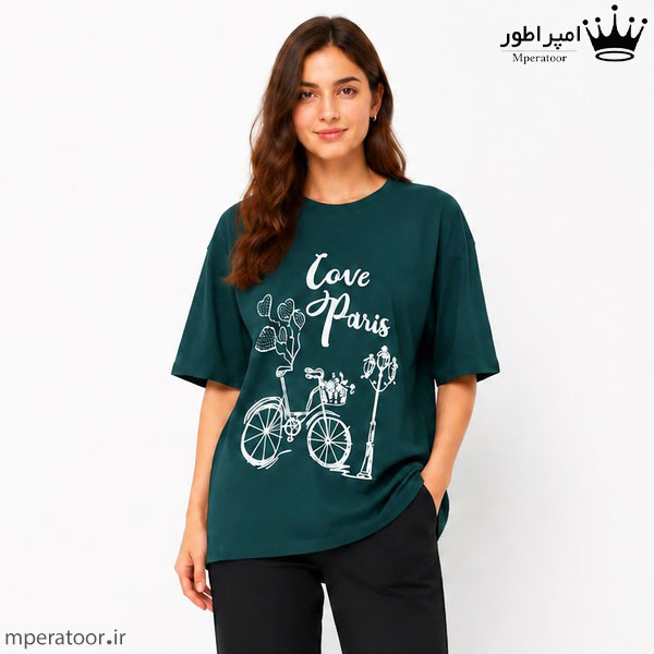 تیشرت لانگ زنانه مدل Love paris رنگ سبز یشمی تیره