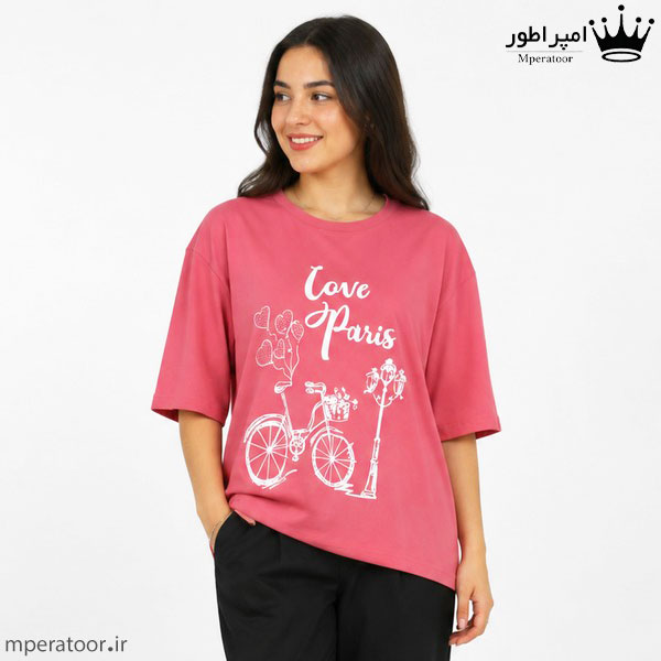 تیشرت لانگ زنانه مدل Love paris رنگ صورتی پاستیلی