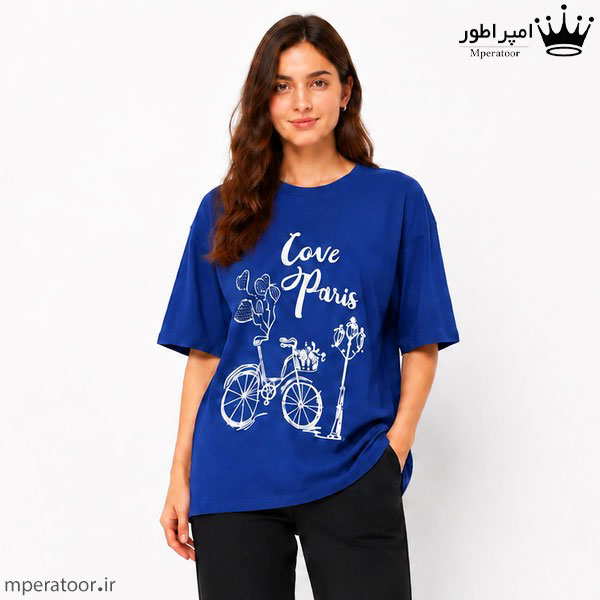 تیشرت لانگ زنانه مدل Love paris رنگ آبی کاربنی