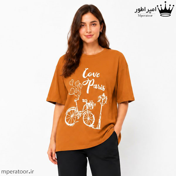 تیشرت لانگ زنانه مدل Love paris رنگ خردلی