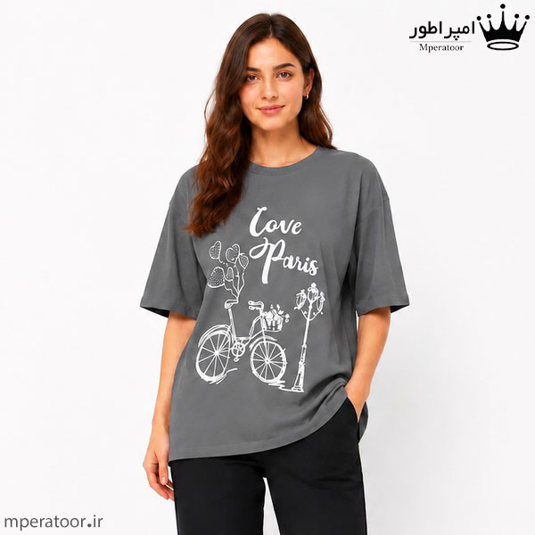 تیشرت لانگ زنانه مدل Love paris رنگ طوسی