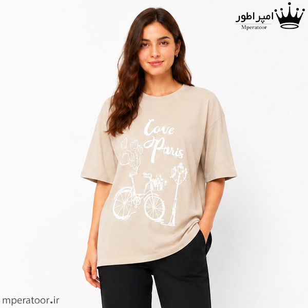 تیشرت لانگ زنانه مدل Love paris رنگ کرم بژ