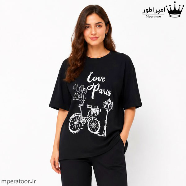 تیشرت لانگ زنانه مدل Love paris رنگ مشکی