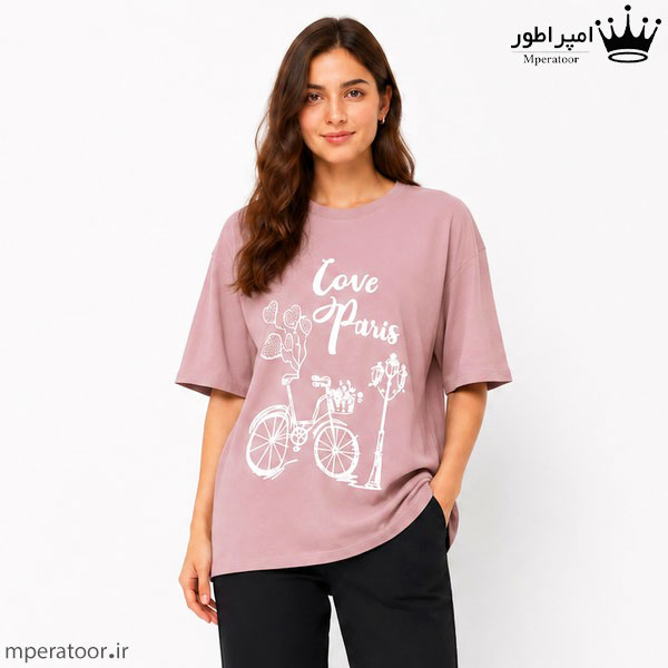 تیشرت لانگ زنانه مدل Love paris رنگ صورتی چرک