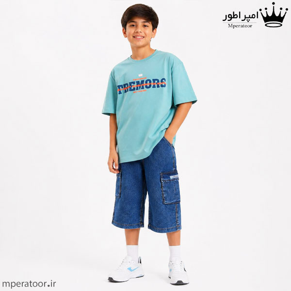 شلوارک جین و تیشرت پنبه مدل TREMORS رنگ آبی