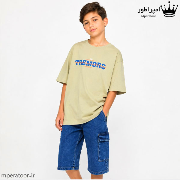 شلوارک جین و تیشرت پنبه مدل TREMORS رنگ سبز زیتونی روشن