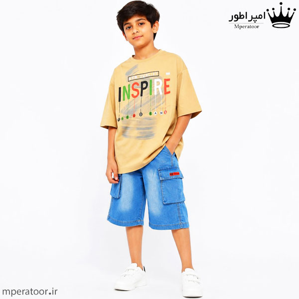 شلوارک جین و تیشرت پنبه بچه گانه مدل INSPIRS رنگ نسکافه ایی