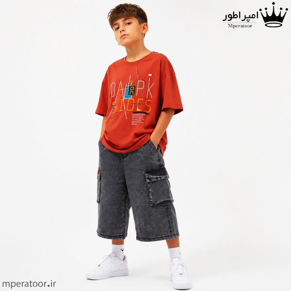 شلوارک جین و تیشرت پنبه بچه گانه مدل DARK رنگ قرمز