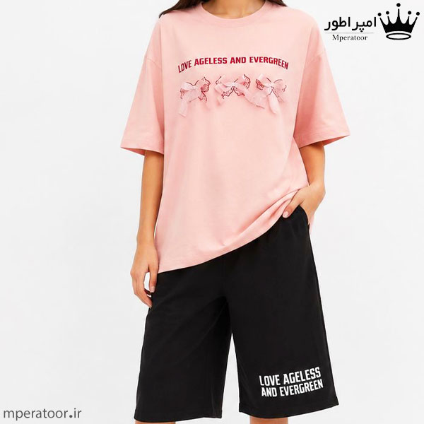 ست تیشرت و شلوارک دخترانه طرح پاپیون رنگ صورتی هلویی