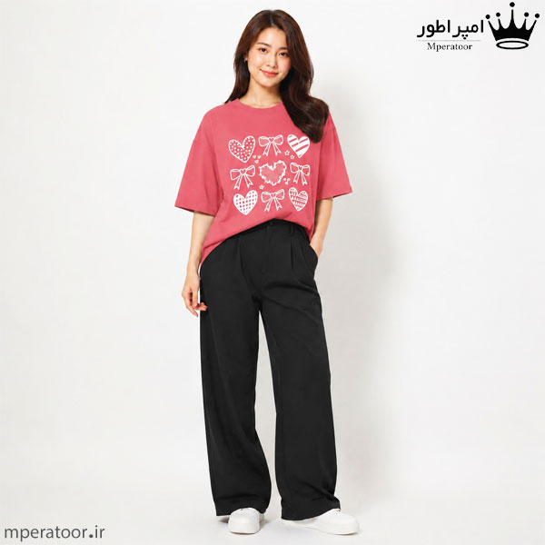 تیشرت لانگ زنانه طرح قلب کد st8 رنگ صورتی پاستیلی