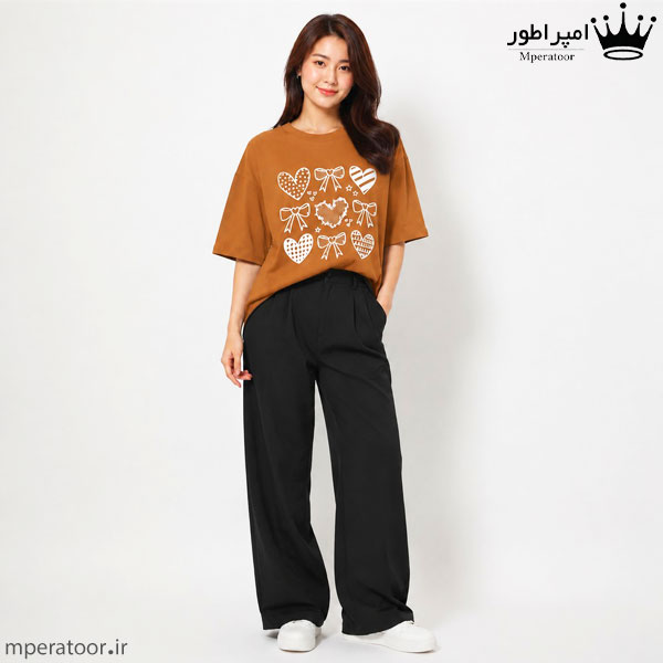 تیشرت لانگ زنانه طرح قلب کد st8 رنگ خردلی