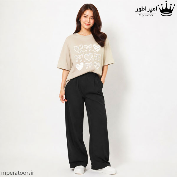 تیشرت لانگ زنانه طرح قلب کد st8 رنگ کرم بژ
