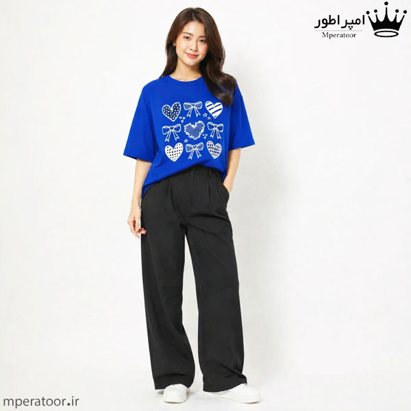 تیشرت لانگ زنانه طرح قلب کد st8 رنگ آبی کاربنی