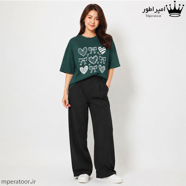تیشرت لانگ زنانه طرح قلب کد st8 رنگ سبز یشمی تیره