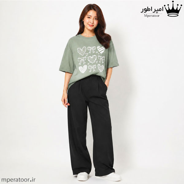 تیشرت لانگ زنانه طرح قلب کد st8 رنگ سبز زیتونی روشن