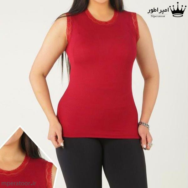 تاپ زنانه یقه و آستین حلقه گیپور رنگ زرشکی