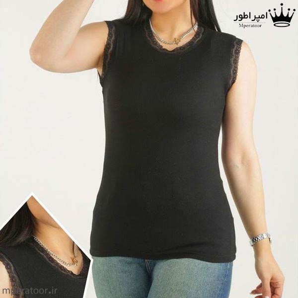 تاپ زنانه یقه و آستین حلقه گیپور رنگ مشکی