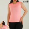 تاپ زنانه یقه و آستین حلقه گیپور رنگ صورتی هلویی