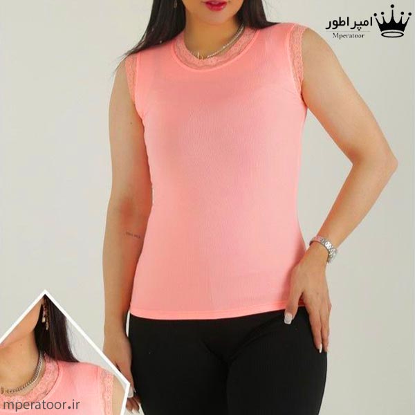 تاپ زنانه یقه و آستین حلقه گیپور رنگ صورتی هلویی