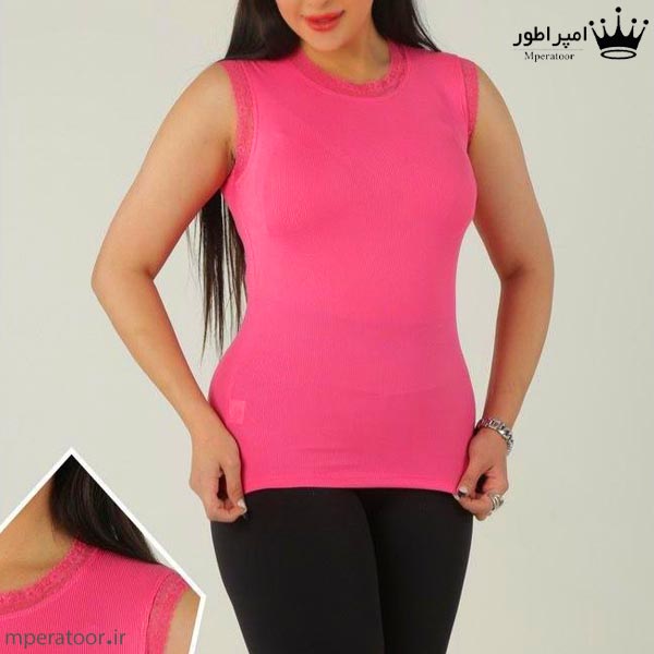 تاپ زنانه یقه و آستین حلقه گیپور رنگ صورتی پاستیلی