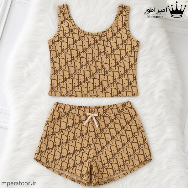 ست تاپ و شورتک زنانه قهوه ای طرح دار