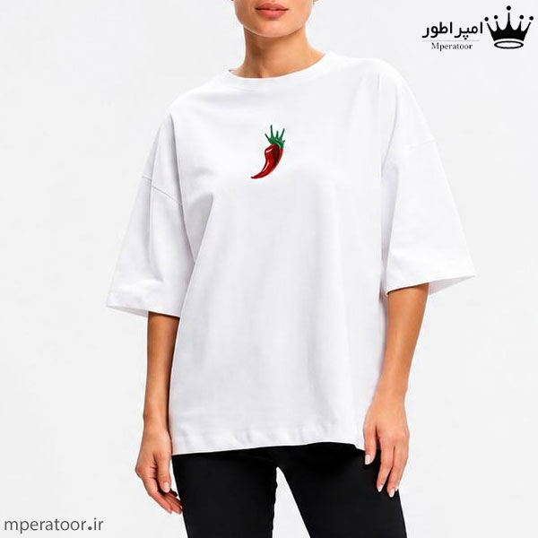تیشرت باکسی طرح فلفل قرمز جنس پنبه ماکان سفید