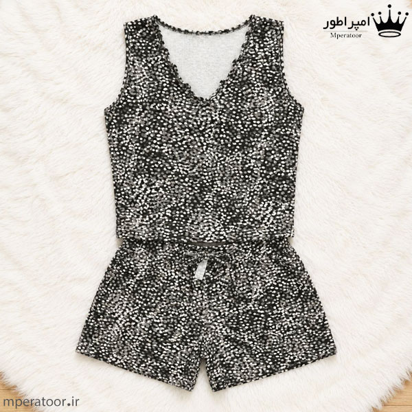 ست تاپ یقه هفت و شورتک زنانه طرح مشکی نقطه ای