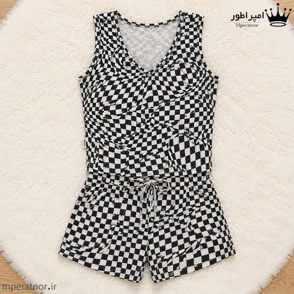 ست تاپ یقه هفت و شورتک زنانه طرح شطرنجی
