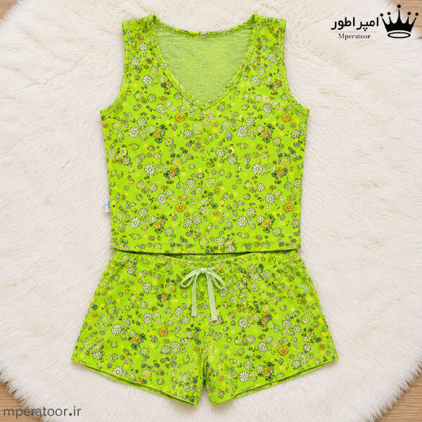 ست تاپ یقه هفت و شورتک زنانه طرح سبز گل ریز