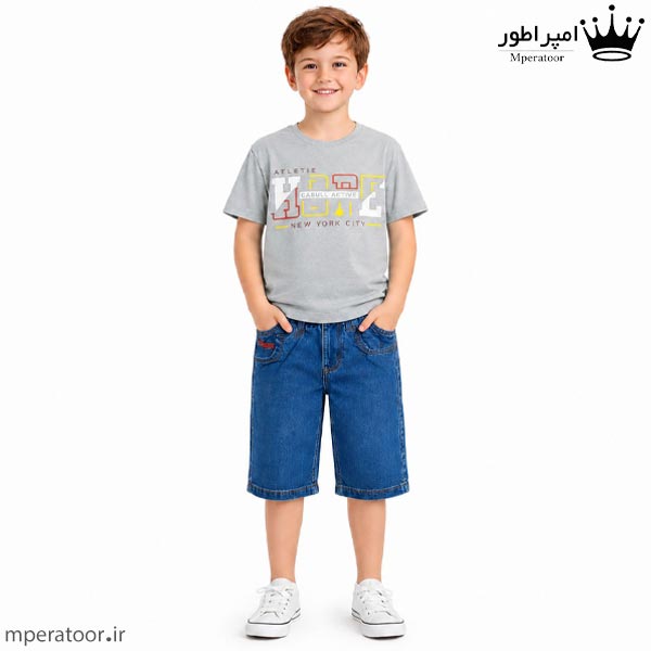 ست تیشرت پنبه سوپر و شلوار جین پسرانه رنگ طوسی