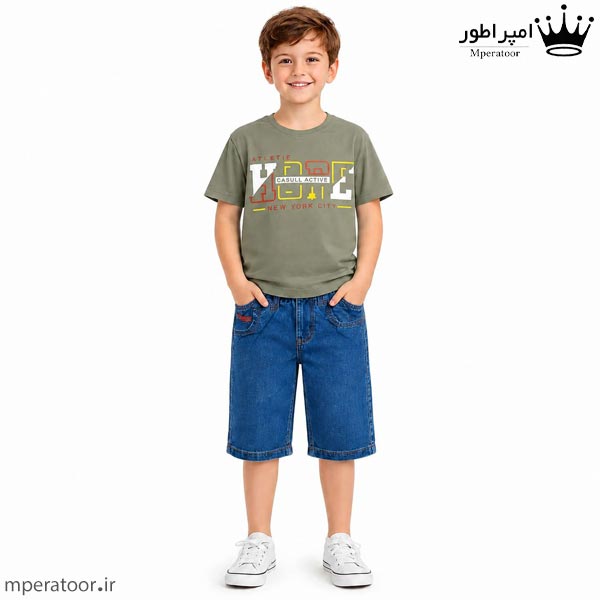 ست تیشرت پنبه سوپر و شلوار جین پسرانه رنگ زیتونی