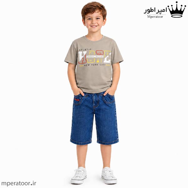 ست تیشرت پنبه سوپر و شلوار جین پسرانه رنگ کرم روشن