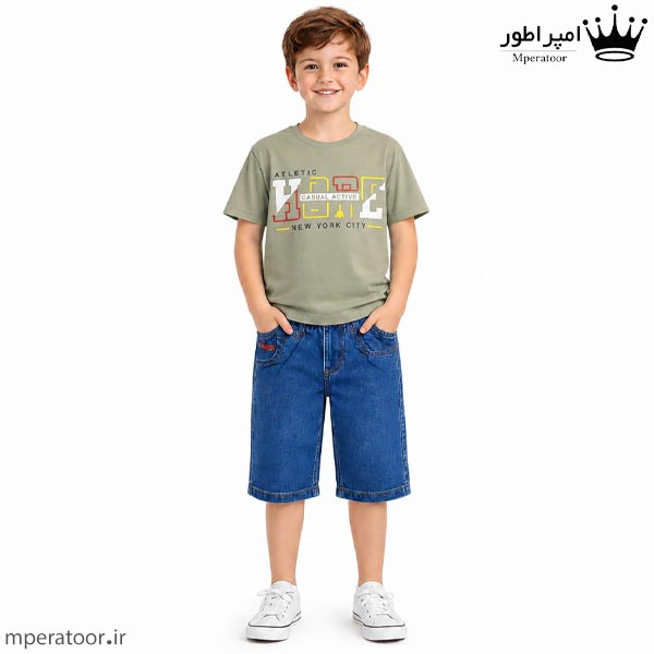 ست تیشرت پنبه سوپر و شلوار جین پسرانه رنگ زیتونی روشن
