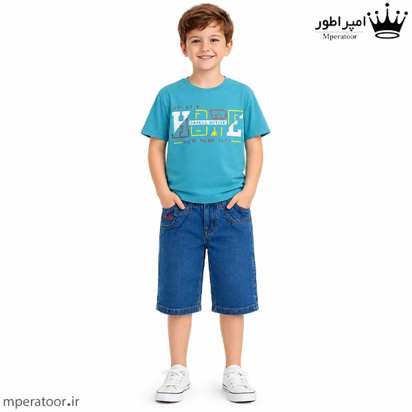 ست تیشرت پنبه سوپر و شلوار جین پسرانه رنگ آبی
