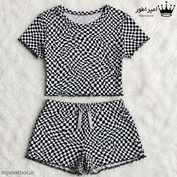 ست تیشرت یقه گرد و شورتک زنانه کد G07 طرح شطرنجی